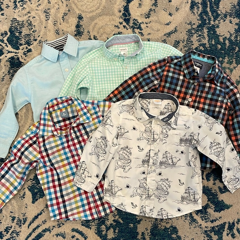 Lot of five boys button-down shirts, size 2T, super cute